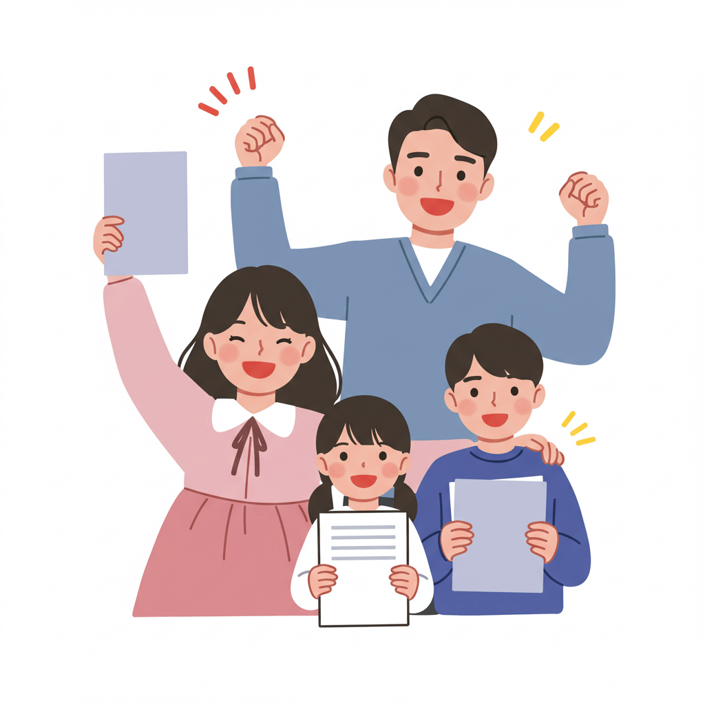 자녀장려금을 받고 기뻐하는 가족을 그리고 있다 부모는 두 팔을 번쩍 들고 있고 아이들은 서류를 들고 있다. 