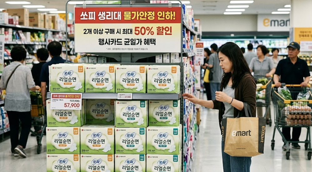 생리대 50% 할인 행사(물가 방어, 필수품 복지, 행사카드)