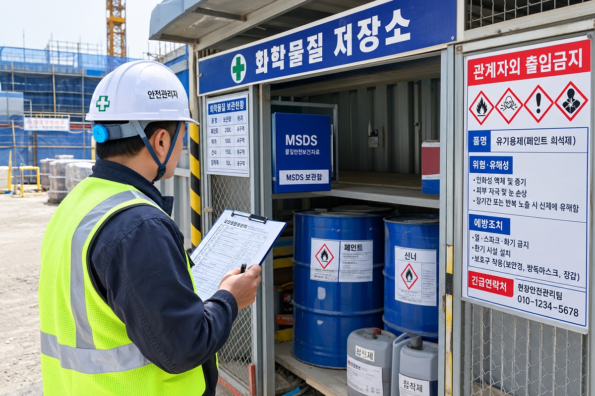 안전관리자가 MSDS 관리 체크리스트를 점검하는 모습
