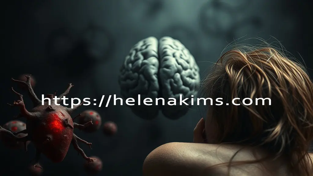 어두운 배경에 망가진 심장과 뇌 그리고 사람의 뒷모습.