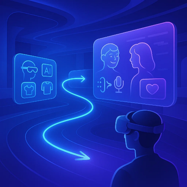 VR 헤드셋을 쓴 사용자가 AI 기반 아바타 선택과 감정 커뮤니케이션 기능을 따라 맞춤형 경험 경로를 탐색하는 메타버스 환경 일러스트