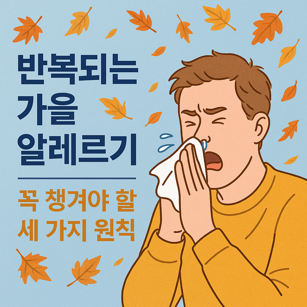 가을 낙엽이 날리는 배경에 콧물을 흘리며 재채기하는 남성의 모습, 가을 알레르기를 상징하는 건강정보형 뉴스 썸네일