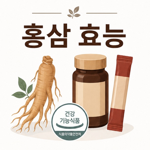 홍삼 뿌리와 건강기능식품을 이용해 홍삼의 기능성을 알아보는 주제를 소개하는 그림