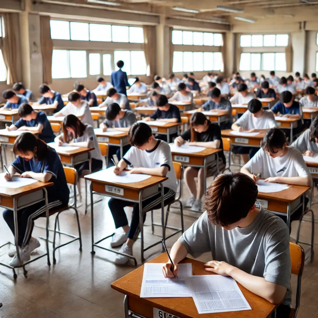 수능 시험을 치르고 있는 한국 학생들이 줄지어 앉아 있는 교실&amp;#44; 선생님이 앞에서 감독하는 장면