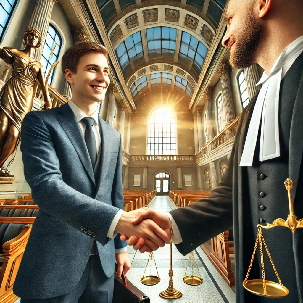 법정 승소 후 고객과 악수하며 축하하는 변호사.