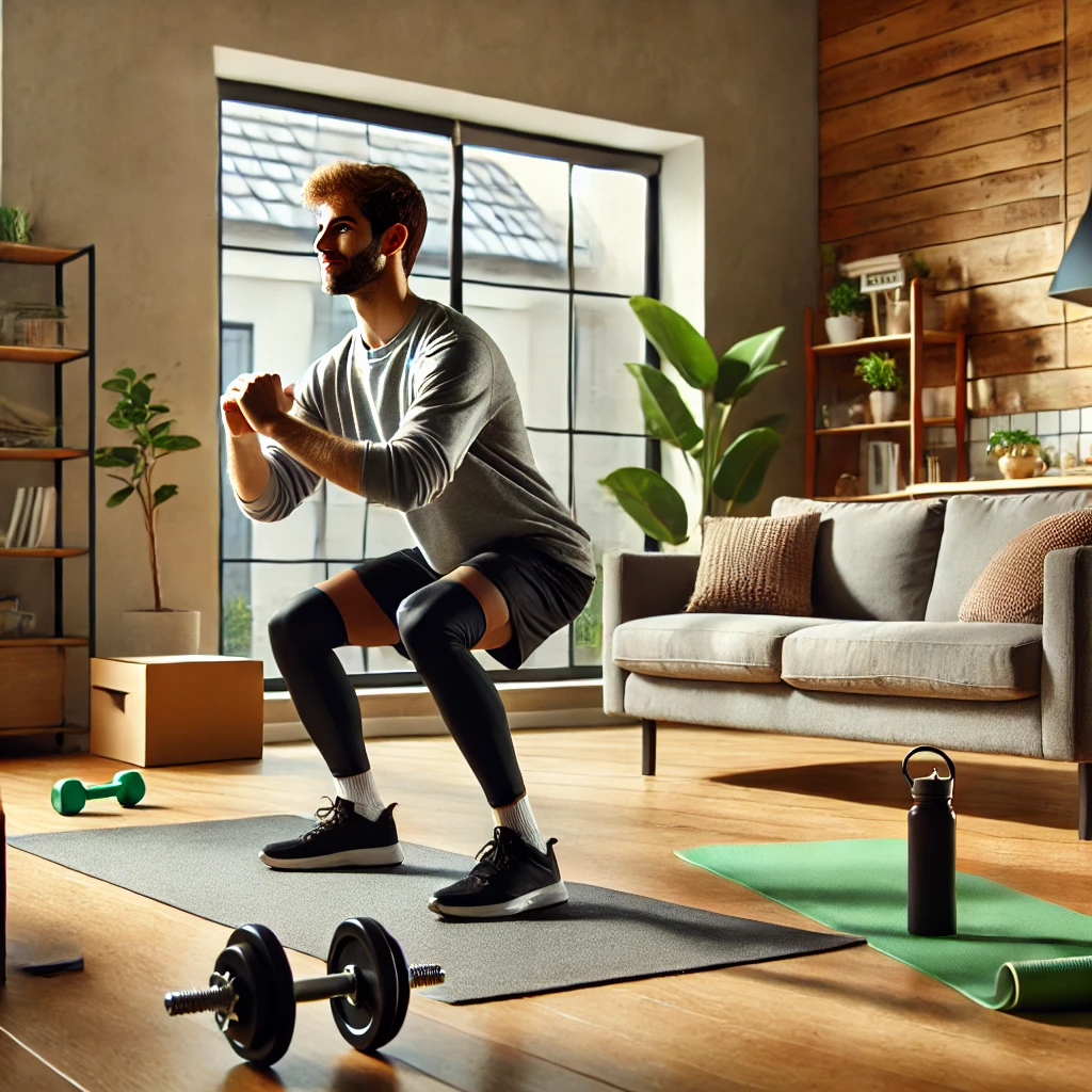 홈트레이닝으로 스쿼트 하는 남자의 모습 이미지