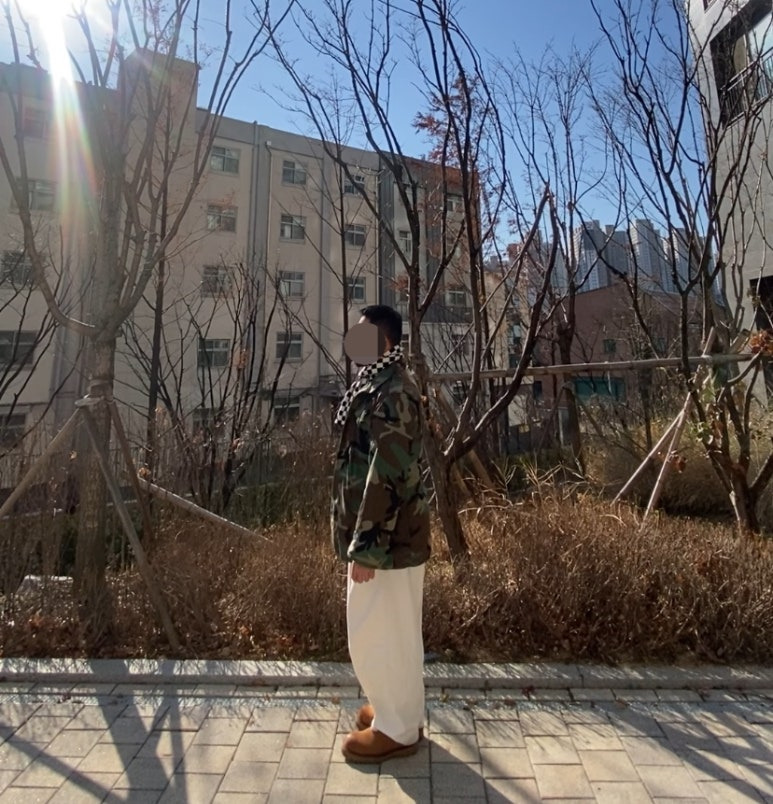 데일리룩('25. 12. 4.)카모 M65 빈티지 밀리터리 미군야상 재킷, 유니클로 와플헨리넥, 무신사스탠다드 벌룬팬츠, 야세 엔지니어부츠 웨스턴부츠, 더매드니스 체커보드 머플러