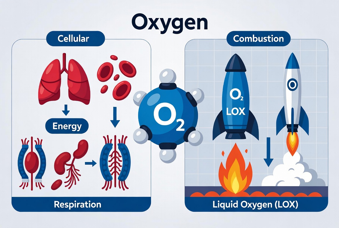High-end scientific diagram showing the dual role of oxygen. On the left: oxygen transport via hemoglobin and its use in cellular respiration. On the right: oxygen’s role in combustion and as liquid oxygen (LOX) rocket propellant. The center features the 3D molecular structure of O₂. Clean, professional infographic style.