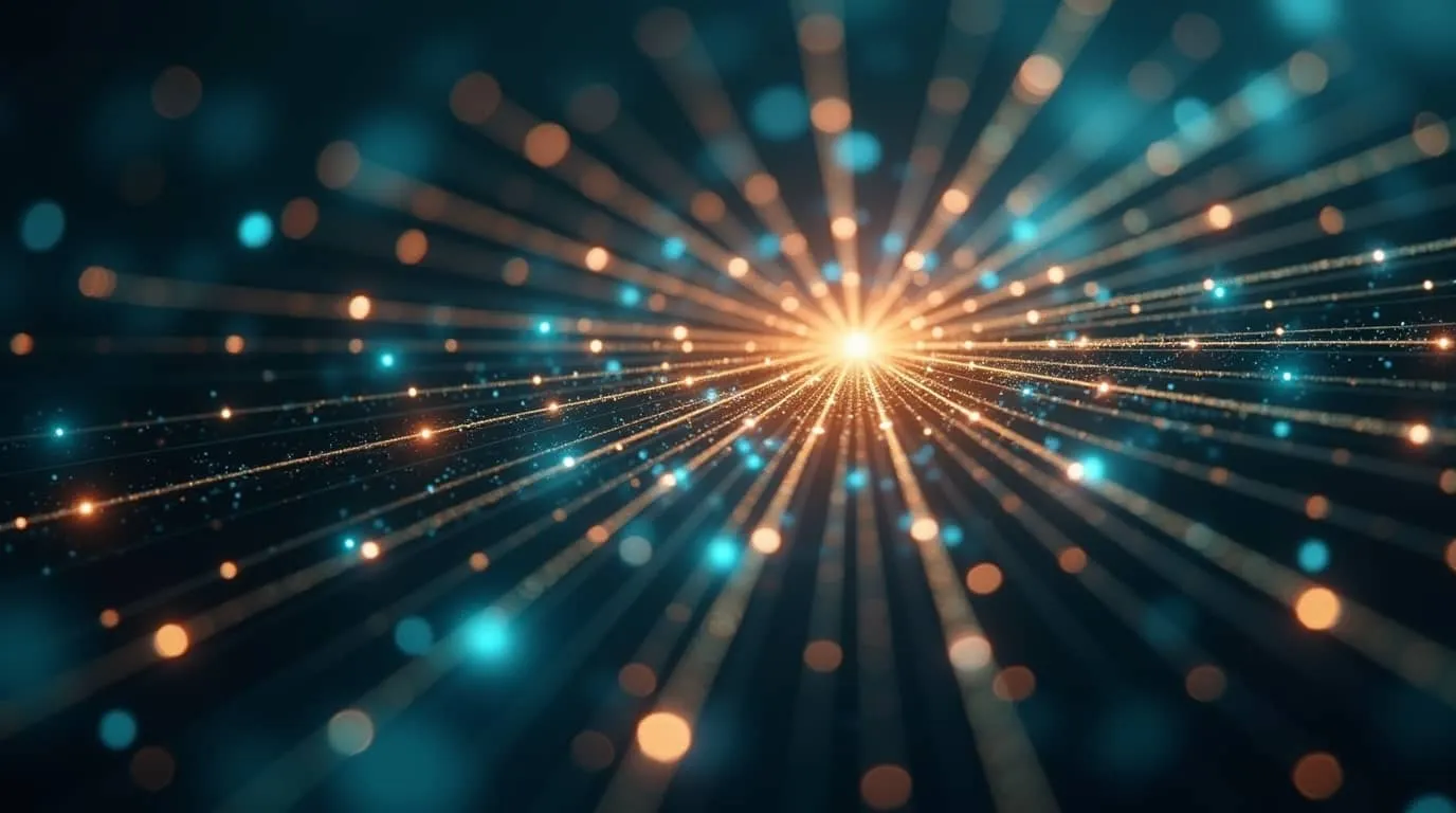자나두(Xanadu) 양자컴퓨터의 광자 기반 연속변수(CV) 방식을 상징하는 3D 네트워크 구조 이미지. 중앙에서 방사형으로 퍼지는 황금빛 광선과 청록색 광자 입자들이 격자점에서 빛나며, GKP 오류보정 기술의 격자 구조와 Aurora 시스템의 광섬유 네트워킹을 시각적으로 표현함. 딥 네이비 배경에 보케 효과가 적용된 고급스럽고 미래지향적인 양자컴퓨팅 시각화 (Xanadu photonic quantum computing, GKP lattice structure, CV continuous-variable, golden light rays, cyan particles, fiber optic network, quantum error correction)