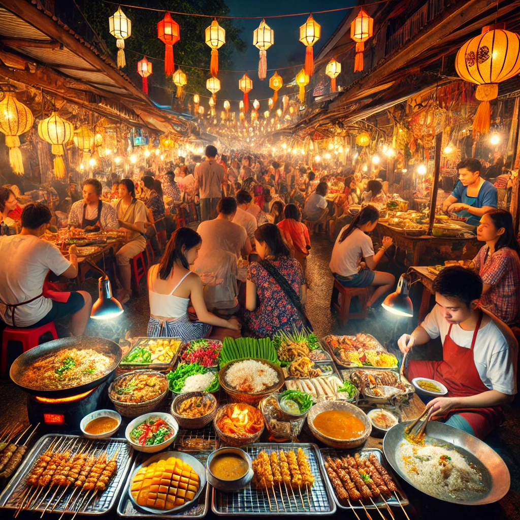 치앙마이 야시장에서 다양한 길거리 음식을 즐기는 모습