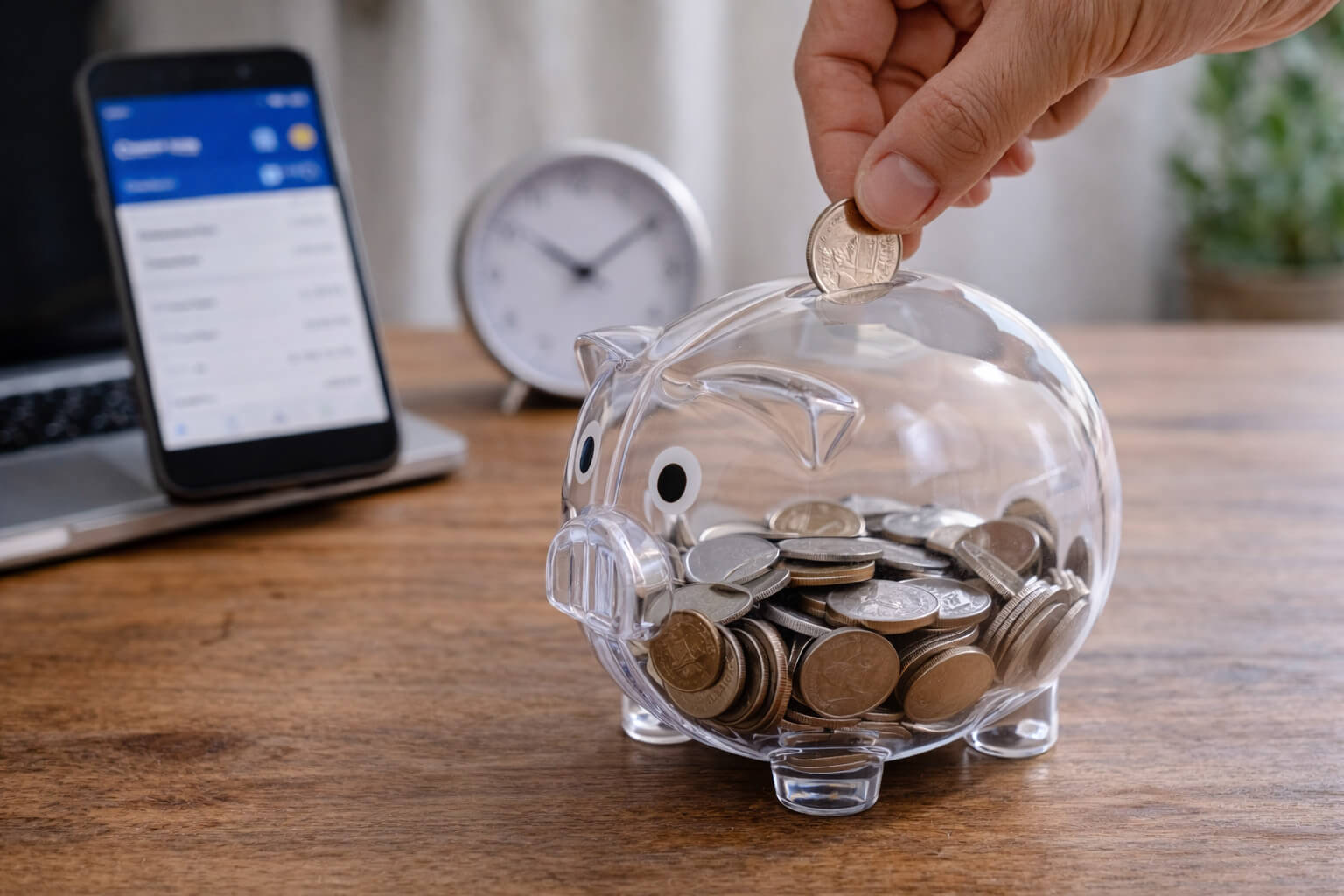 투명한 돼지저금통에 동전을 모으는 장면과 스마트폰이 함께 놓인 목돈 관리 이미지