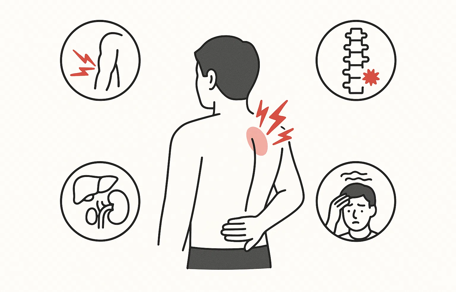오른쪽 등 통증의 원인, 근육 긴장, 척추 문제, 간&middot;담낭&middot;신장 등 장기 이상, 스트레스&middot;심리 요인