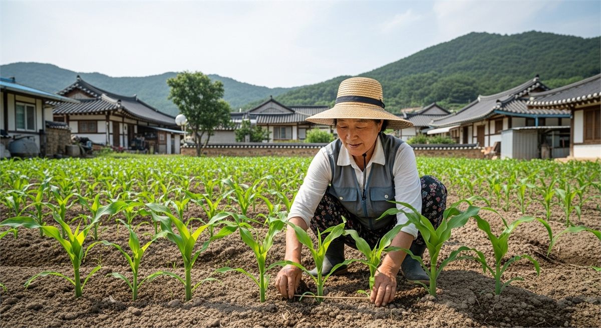 옥수수 싹의 간격과 상태를 살피는 한국인 여성의 모습 