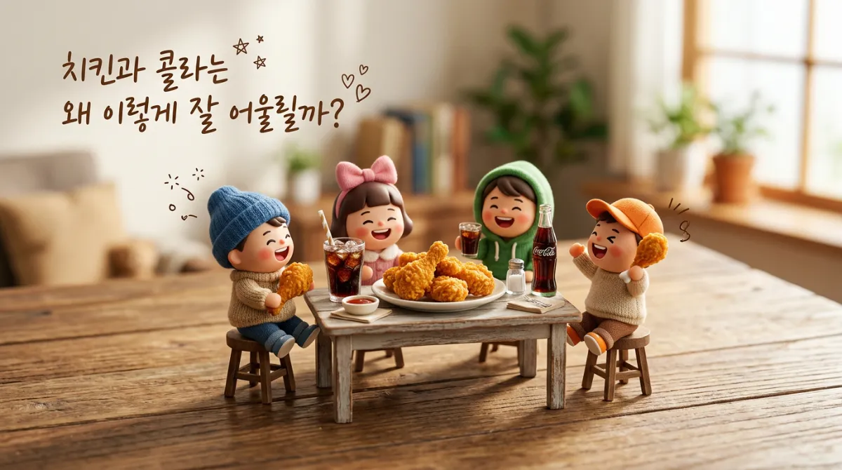 치킨과 콜라를 즐기는 귀여운 미니어처 캐릭터들이 있는 디오라마 썸네일 이미지