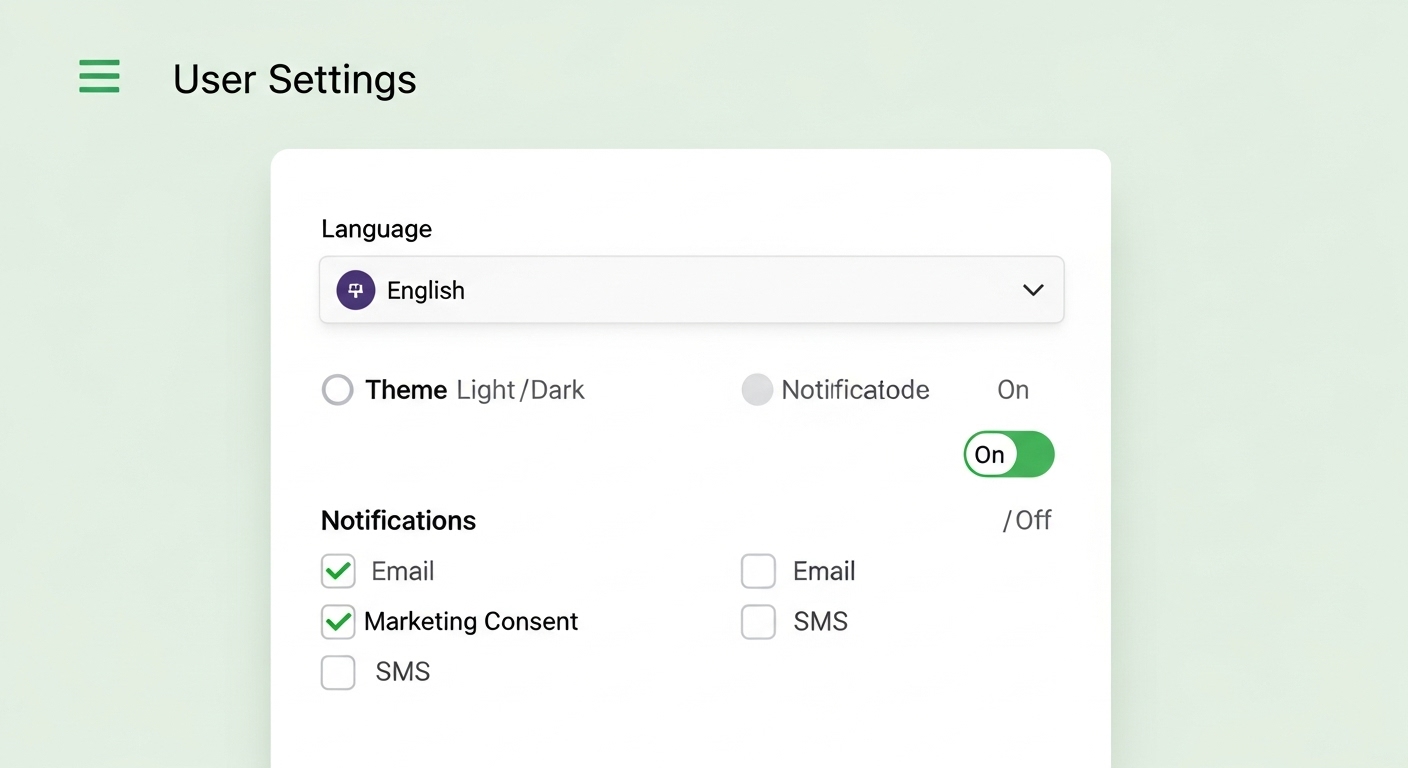 언어 드롭다운, 테마 라디오 버튼, 알림 토글, 마케팅 동의 체크박스가 포함된 사용자 설정 페이지 UI