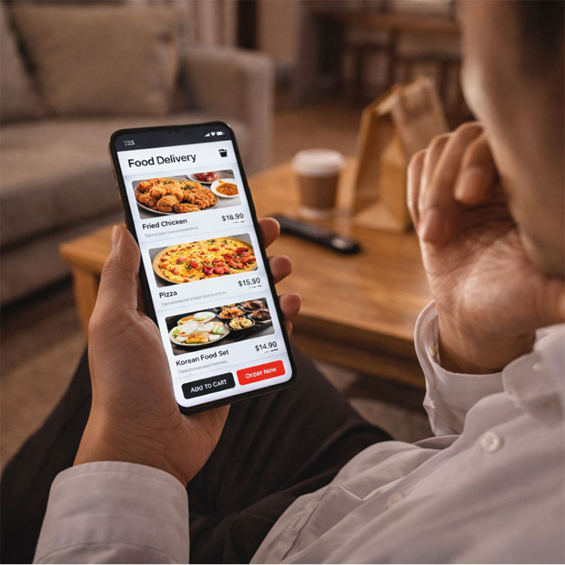 퇴근 후 스마트폰 배달 앱을 보며 음식을 주문할지 고민하는 생활 장면