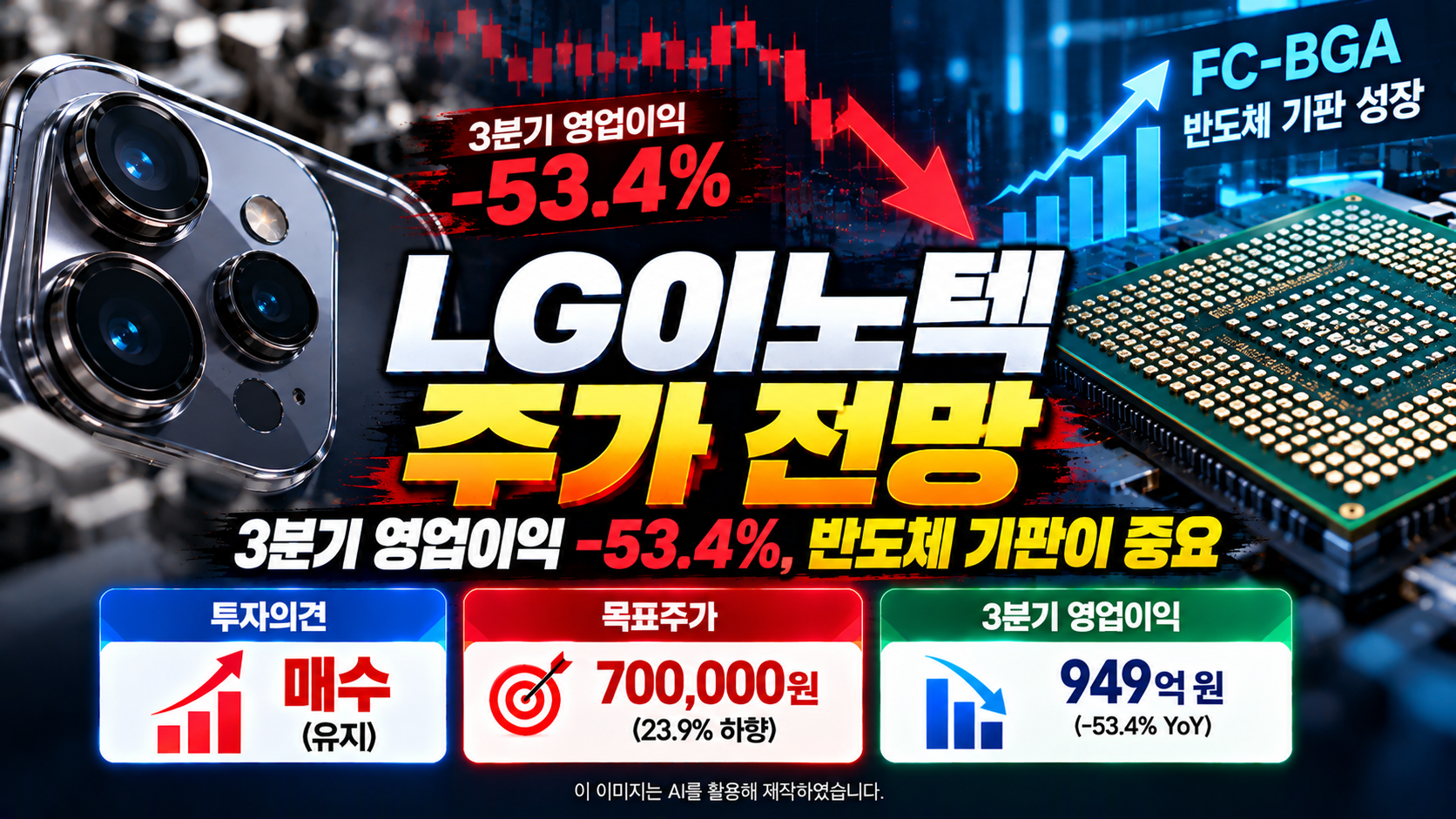 LG이노텍(011070) 주가 전망 및 기업분석, 2026년 3분기 영업이익 949억 원으로 전년 대비 53.4% 감소, 대신증권 목표주가 70만 원 하향, FC-BGA 반도체 기판 성장 전망