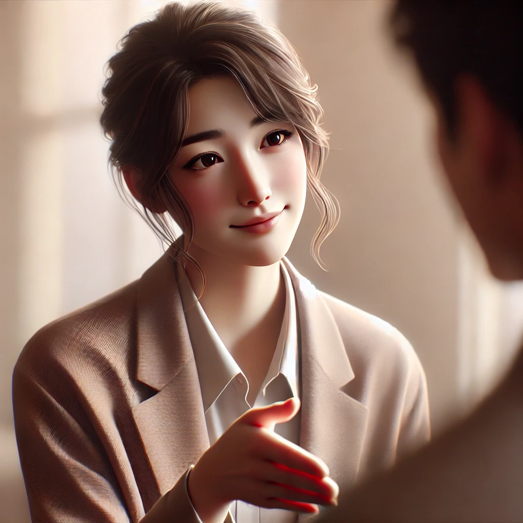 동료의 요청을 부드럽게 미소 지으며 명확하게 거절하는 사람의 모습