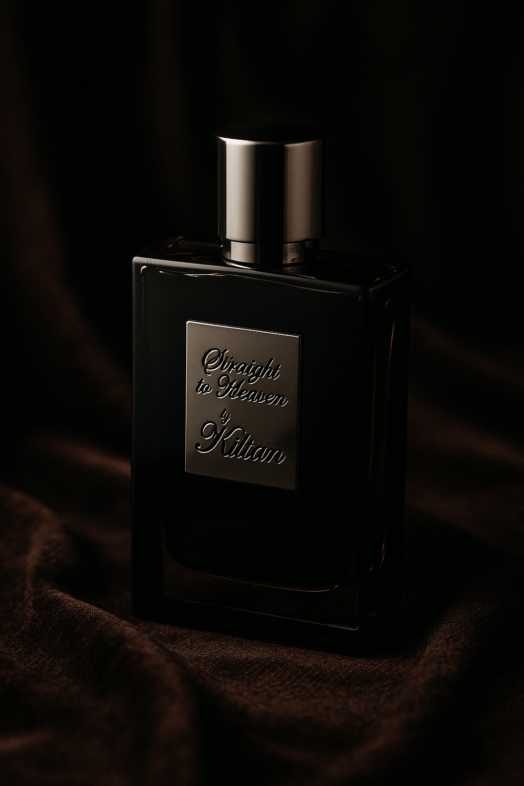 다크 브라운 벨벳 위에 놓인 고급 향수병. 반투명한 블랙 유리에 실버 로고 플레이트가 새겨진 'Straight to Heaven by Kilian' 병이 은은한 조명 아래 고급스럽게 빛나는 모습