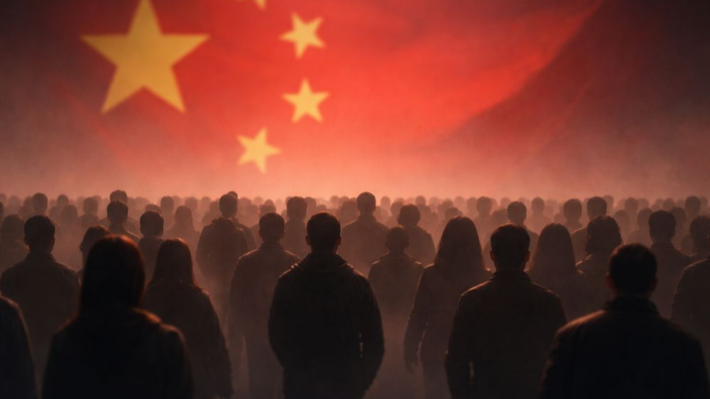 거대한 붉은 중국 국기 앞에서 수많은 사람들의 실루엣이 등을 돌리고 서 있는 장면. 희미한 안개 속에서 군중이 조용히 서 있는 모습