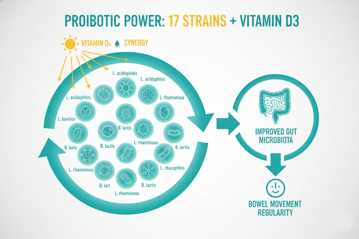 프로바이오틱 파워 인포그래픽: 17종 유산균+비타민D3 시너지, 장내 미생물 개선과 배변 규칙성