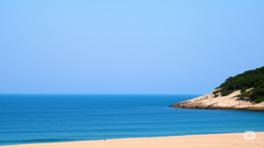 Peaceful beach scene with blue sky, ocean, and white sand.