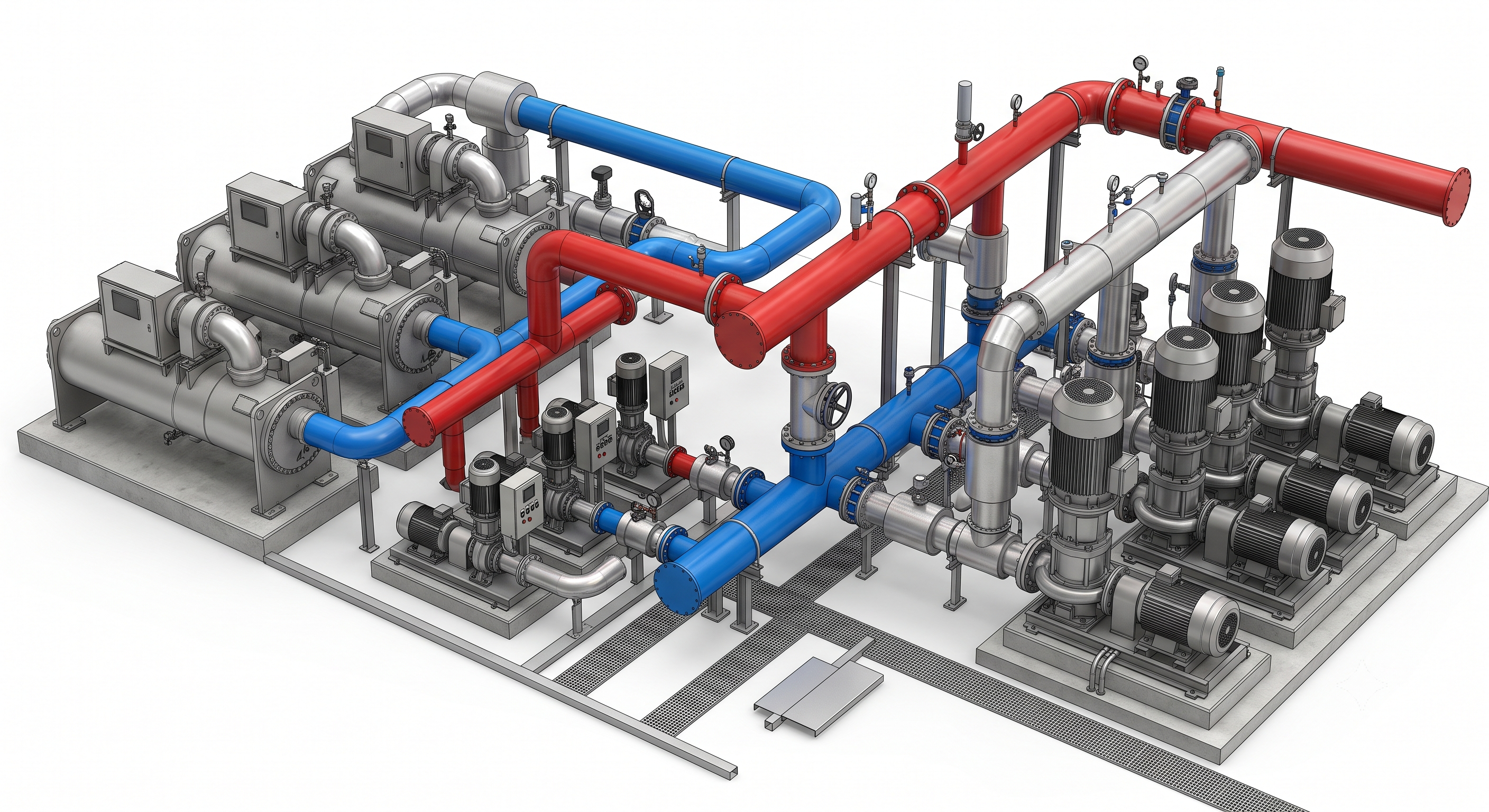 대형 공조냉동 기계실 1차 2차 펌프(Primary-Secondary) 및 디커플러(Decoupler) 3D 계통도