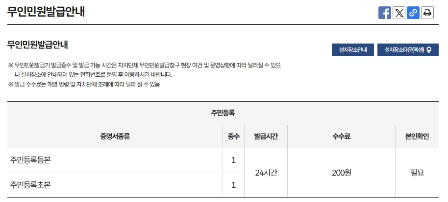 주민등록초본-무인민원발급기-수수료