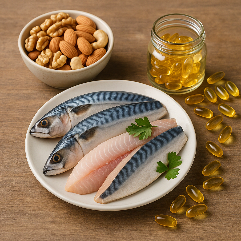 뇌 건강 영양제의 대표 성분인 오메가-3(DHA, EPA)가 풍부한 음식과 영양제.