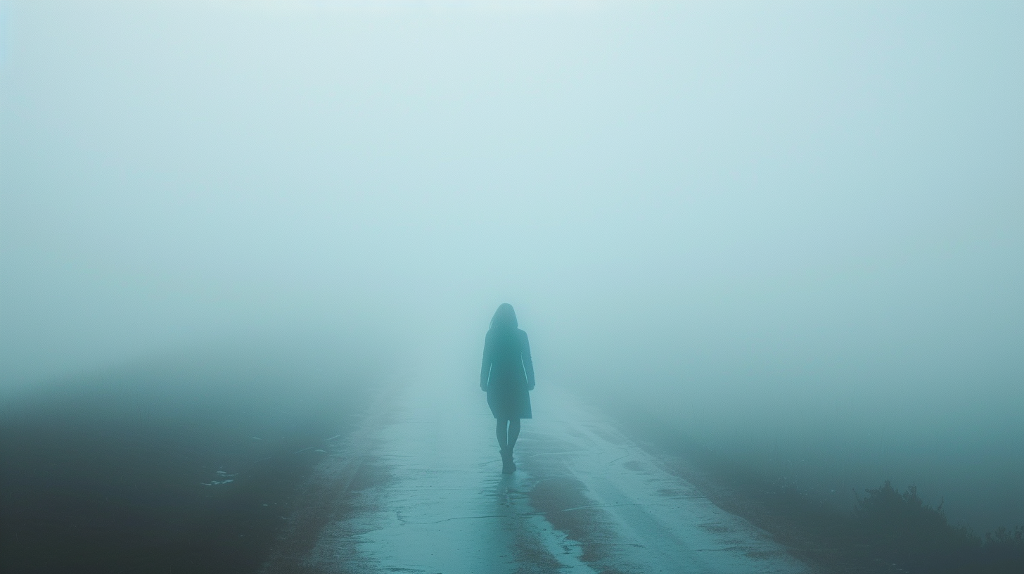 자신을 찾기 위해 안개 속을 걷는 여성