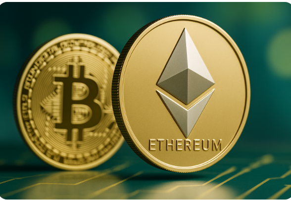 비트코인 약세와 이더리움 ETF 랠리를 상징하는 이미지