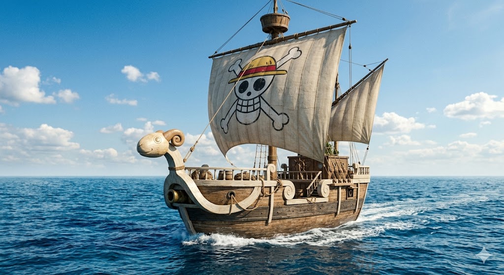 The majestic Going Merry ship sailing confidently across the bright blue sea.