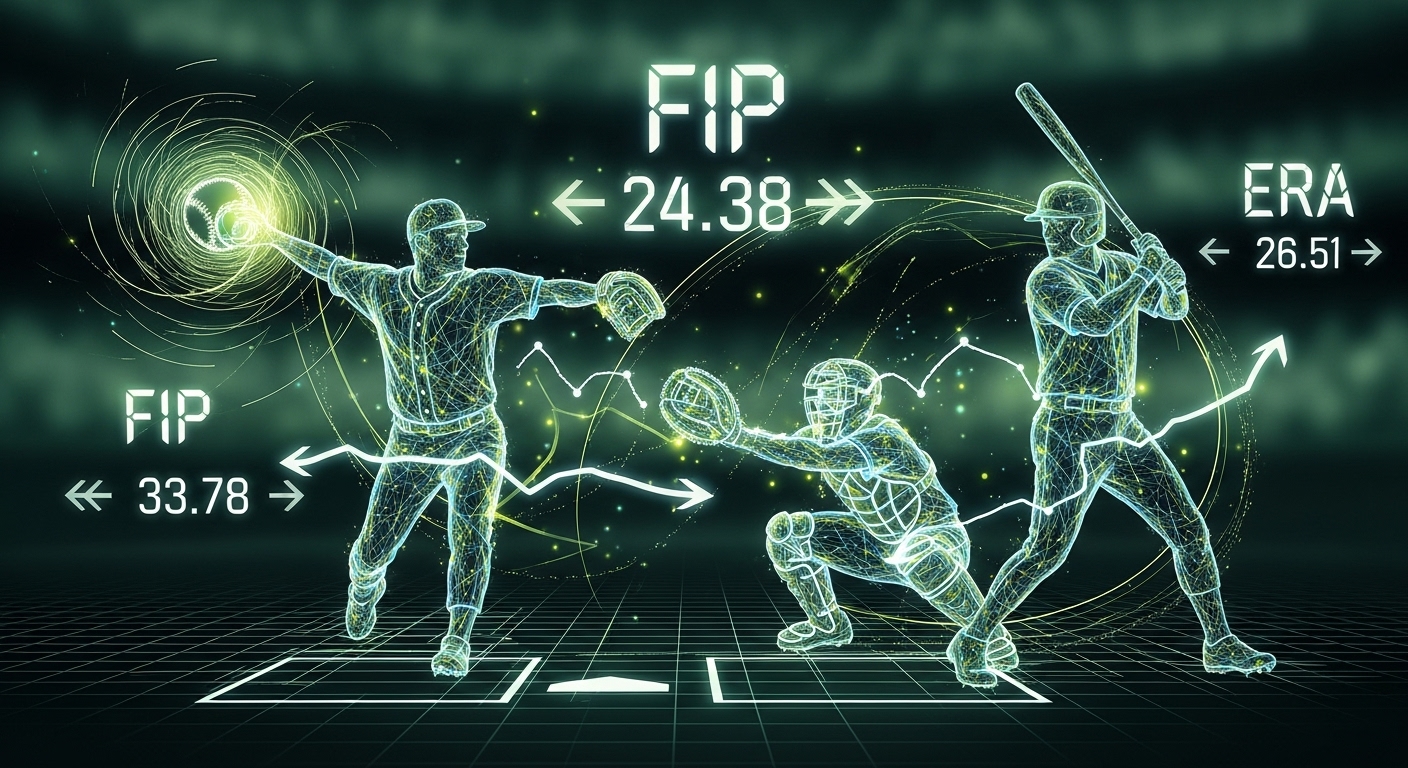 투수, 포수, 타자의 대결 구도를 추상적으로 표현한 이미지. FIP와 ERA 지표가 전략적인 데이터로 오버레이되어 있다.