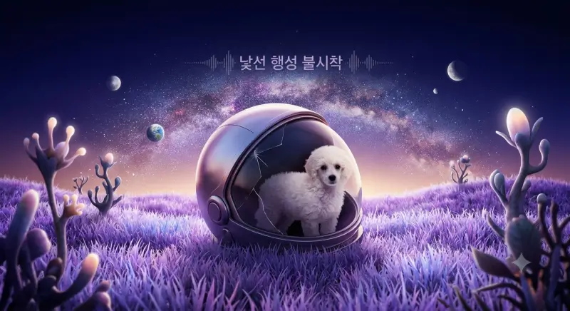 반짝이는 은하수를 지나 보라색 풀이 가득한 낯선 행성에 불시착한 코코.