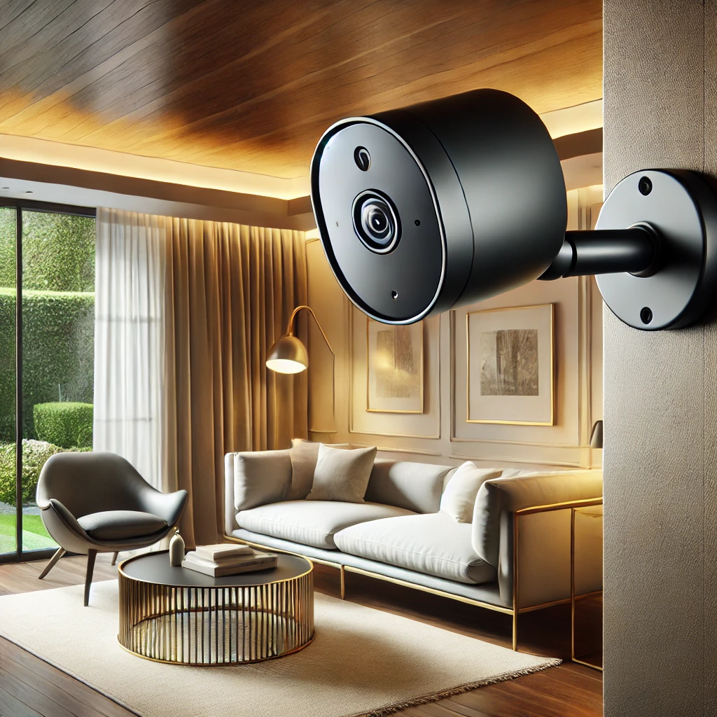 거실 모퉁이에 설치된 실내 보안 카메라&amp;#44; 유광 블랙 마감의 미니멀한 디자인&amp;#44; 따뜻한 조명 아래 세련된 가구와 정원을 볼 수 있는 큰 창문이 있는 아늑한 분위기