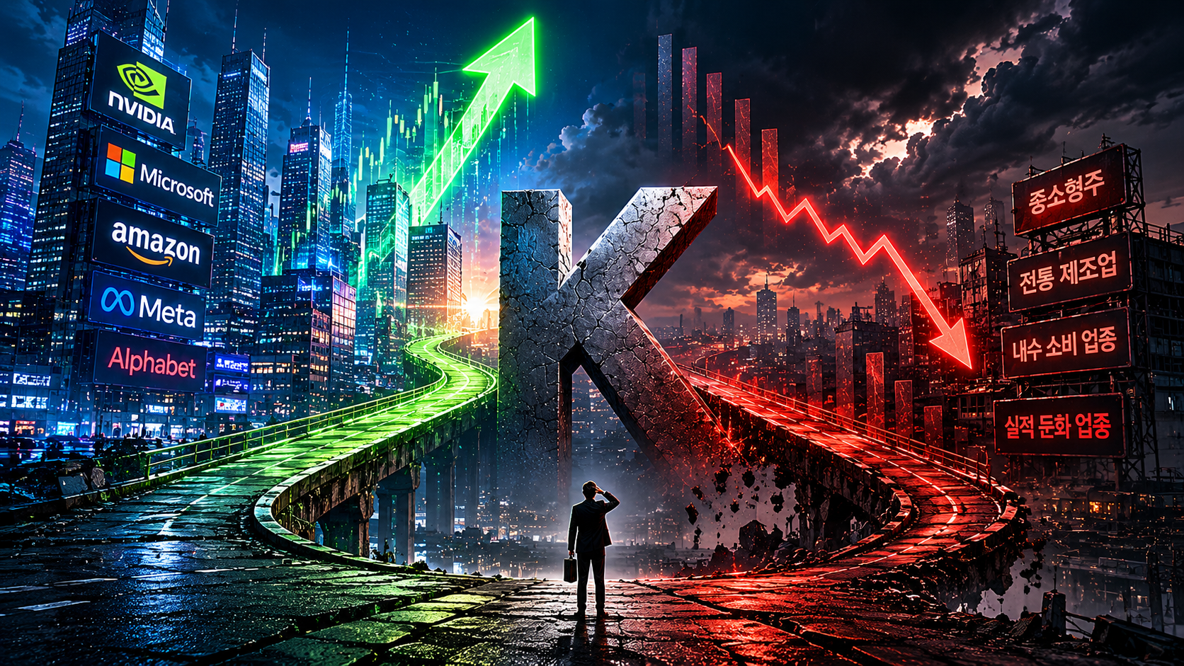 &ldquo;Futuristic K-shaped market split showing AI and tech industries rising while traditional sectors decline.&rdquo;