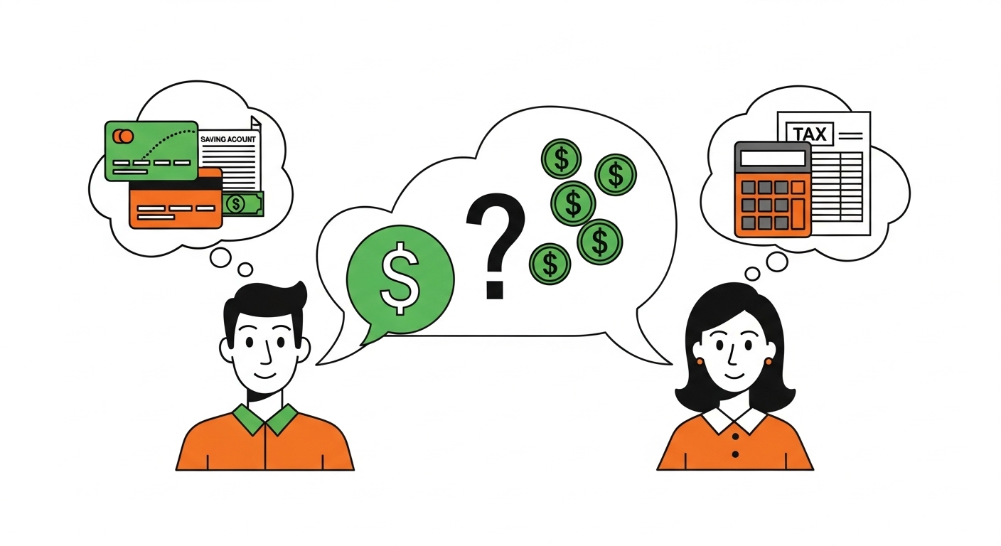 맞벌이 부부가 각자의 금융 지출과 세금 공제를 생각하며 현명한 절세 전략을 고민하는 모습.