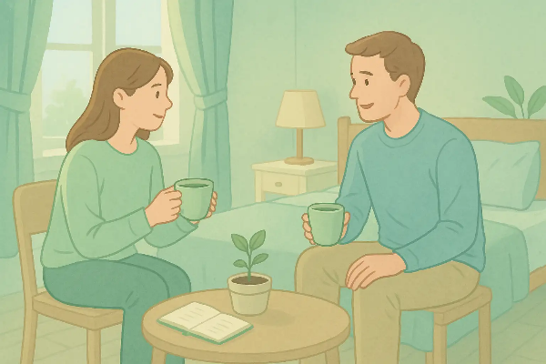 회복기 알코올 중독자가 편안한 수면환경에서 숙면을 취하며 뇌 회복을 돕는 모습 일러스트