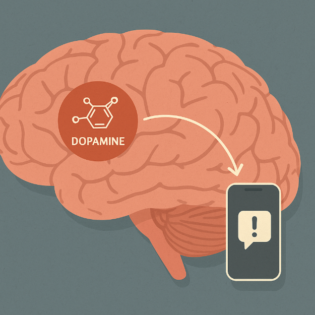 뇌 속 도파민 회로와 스마트폰 아이콘이 연결된 뇌과학 일러스트