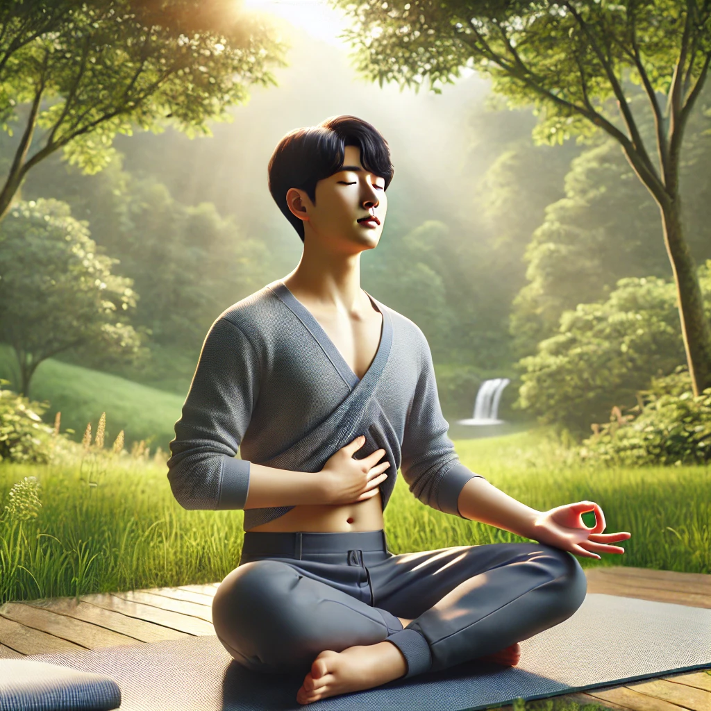 요가 매트 위에서 복식호흡 중인 사람, 평화롭게 명상하는 모습과 함께 맑은 자연 배경