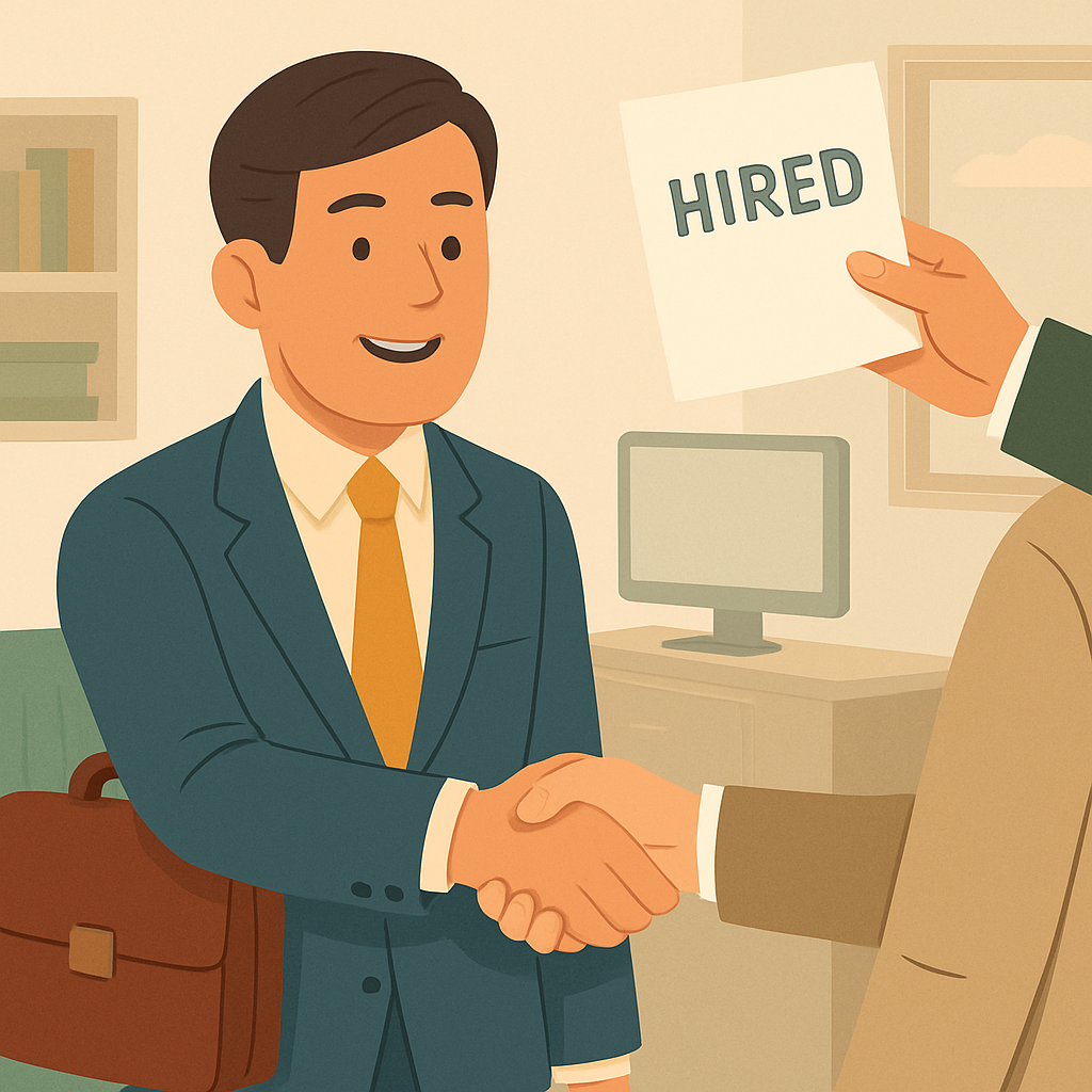 사무실에서 정장을 입은 젊은 남성이 다른 사람과 악수를 나누고 있으며, 제3의 손이 '채용됨(HIRED)'이 적힌 종이를 건네고 있다. 배경은 심플한 책상과 컴퓨터, 서류장이 있는 깔끔한 오피스 환경