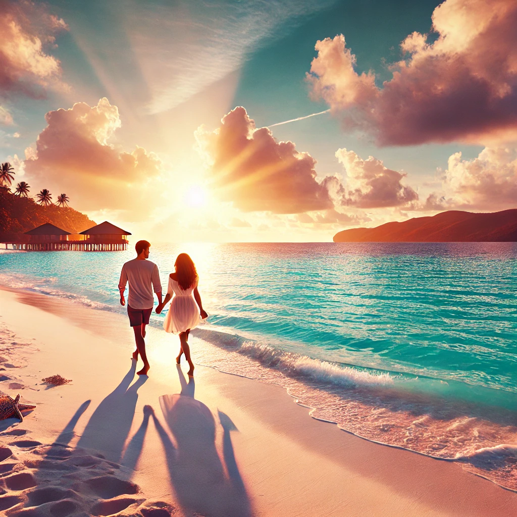 신혼여행에서 부부가 바다 걷고있는 모습