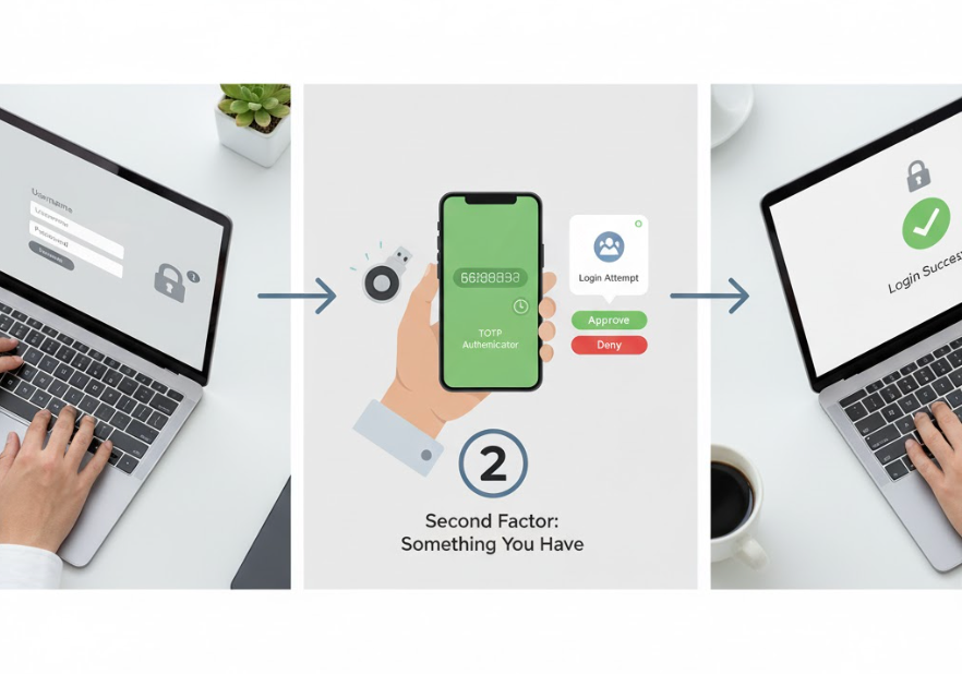 노트북을 사용한 2단계 인증(2FA)의 3단계 흐름도: 비밀번호 입력 후 TOTP와 푸시 알림으로 2차 인증을 완료하는 과정