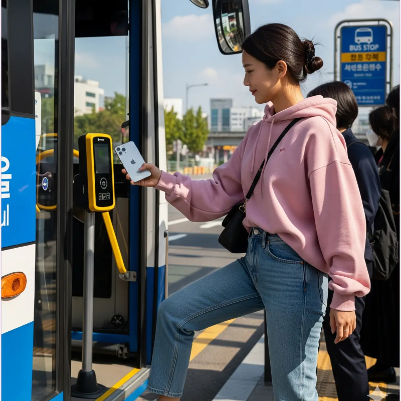 애플페이 티머니로 아이폰을 이용해 버스에 탑승하는 여성의 모습
