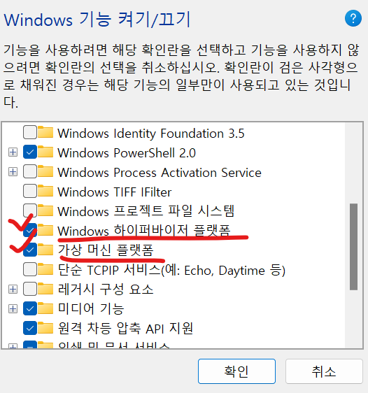 하이퍼바이저 플랫폼과, 가상 머신 플랫폼을 체크한다.