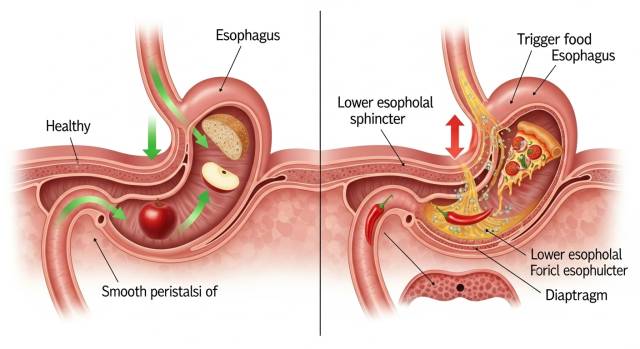 【IMG8 — 음식 섭취와 위산 분비 기전 의학 일러스트 이미지】
