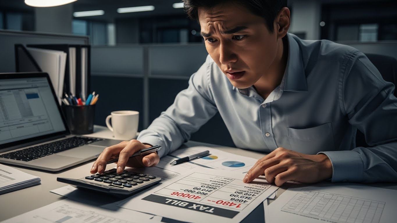 2026년 연말정산 추가납부 고지서를 보고 당황하며 계산기를 두드리는 직장인 모습