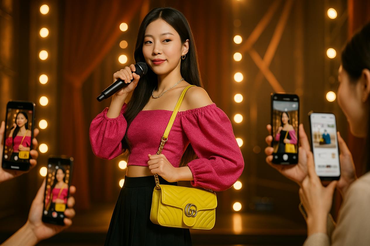 무대에서 명품 가방을 멘 한국인 스타를 팬들이 스마트폰으로 촬영하며 열광하는 모습