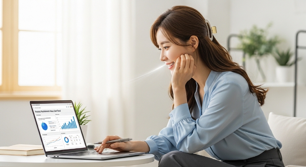 노트북 화면에 개인회생/새출발기금 비교자료 띄운 여성