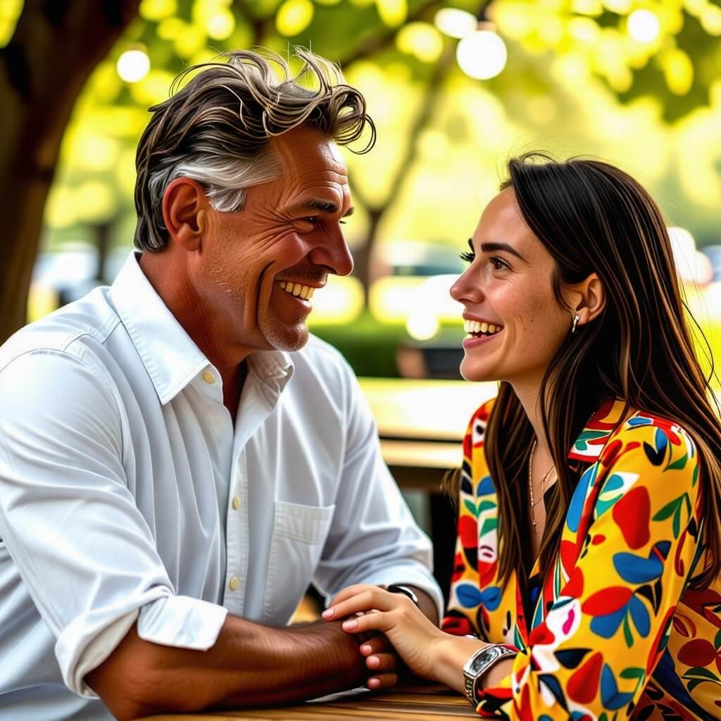 멘토와 멘티가 함께 웃으며 이야기하는 모습. 공원이나 카페에서 만나는 모습입니다.